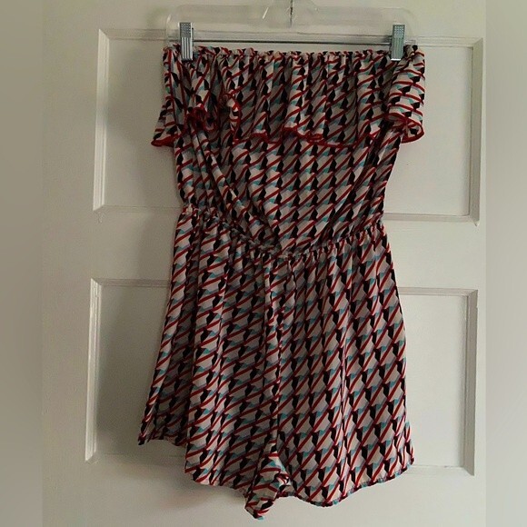 Peaches n Cream Nautical Print Bright Red and Blue Ruffled Strapless Romper - Picture 1 of 14